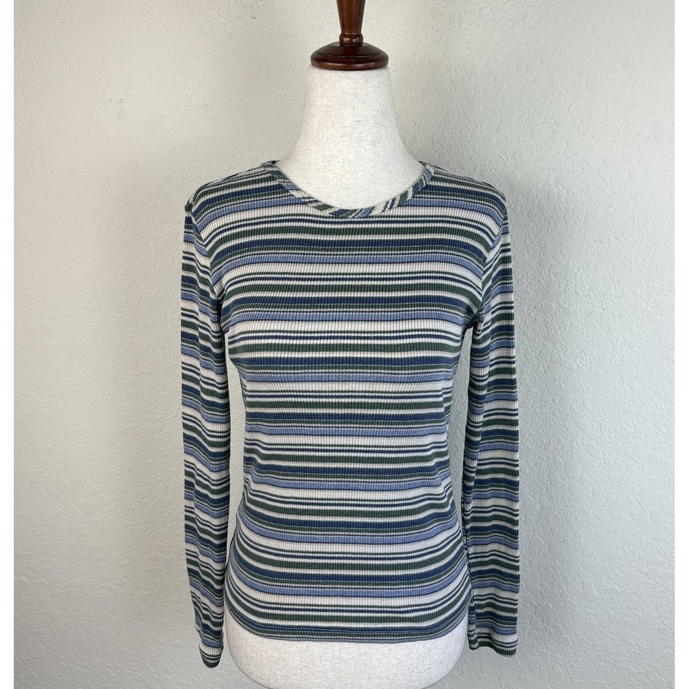 90s Butter Mom Vtg Size M Top T Shirt Striped Ribbed Knit Long Sleeve Cotton